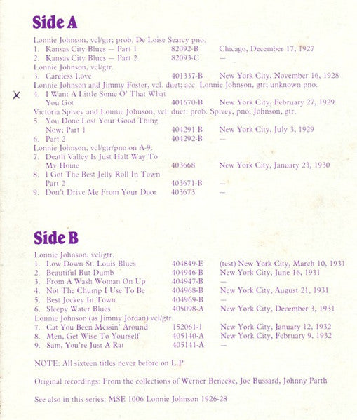 Lonnie Johnson (2) : Volume Two 1927-32: Historical Recordings (LP, Comp, Mono)