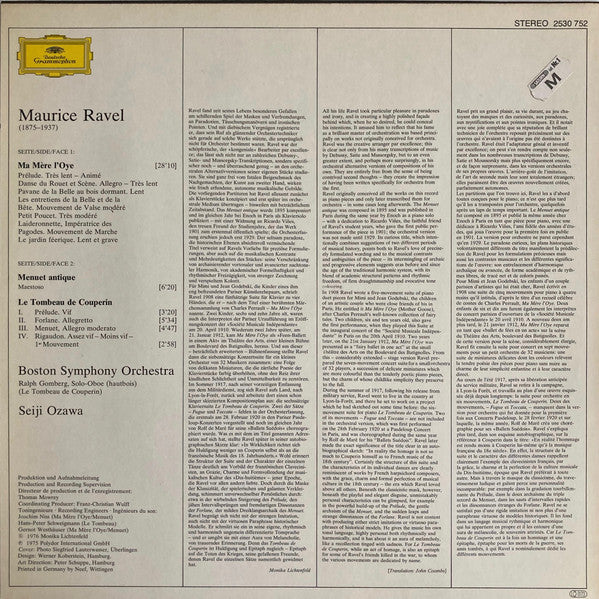 Maurice Ravel • Boston Symphony Orchestra • Seiji Ozawa : Ma Mère L'Oye • Menuet Antique • Le Tombeau De Couperin (LP)