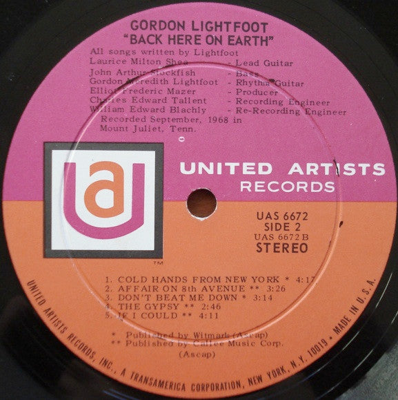 Gordon Lightfoot : Back Here On Earth (LP, Album, Roc)