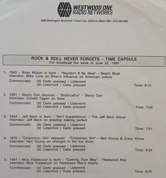 Various : Rock & Roll Never Forgets - Time Capsules - Week of June 20, 1988 (LP, Promo, Transcription)