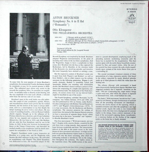 Anton Bruckner, Otto Klemperer, Philharmonia Orchestra : Symphony No. 4 "Romantic" (LP)