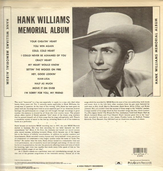 Hank Williams With His Drifting Cowboys : Memorial Album (LP, Album, RE)