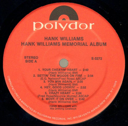 Hank Williams With His Drifting Cowboys : Memorial Album (LP, Album, RE)
