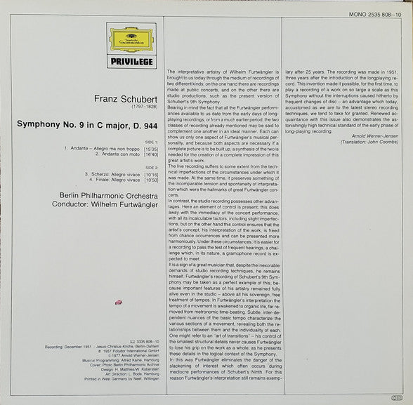 Franz Schubert - Berliner Philharmoniker, Wilhelm Furtwängler : Symphonie Nr. 9 (7) (LP, Mono)
