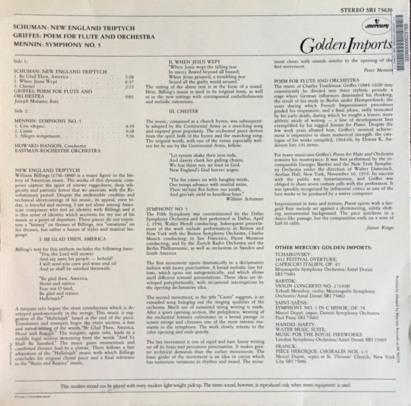 Schuman* / Griffes* / Mennin* - Eastman Rochester Orchestra*, Howard Hanson : New England Triptych / Poem For Flute & Orchestra / Symphony No. 5 (LP, RE)