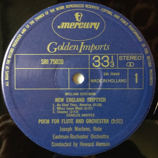 Schuman* / Griffes* / Mennin* - Eastman Rochester Orchestra*, Howard Hanson : New England Triptych / Poem For Flute & Orchestra / Symphony No. 5 (LP, RE)