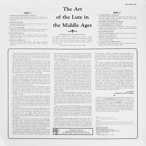 Guy Robert And L'Ensemble Perceval* : The Art Of The Lute In The Middle Ages (LP)