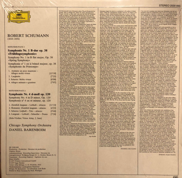 Robert Schumann, Chicago Symphony Orchestra, Daniel Barenboim : »Frühlings-Symphonie« = »Spring« Nr.1 / Symphonie Nr.4 (LP, Album)
