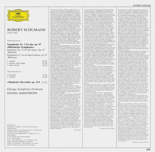 Robert Schumann, Chicago Symphony Orchestra ∙ Daniel Barenboim : Symphonie Nr. 3 ∙ Manfred-Ouvertüre (LP)