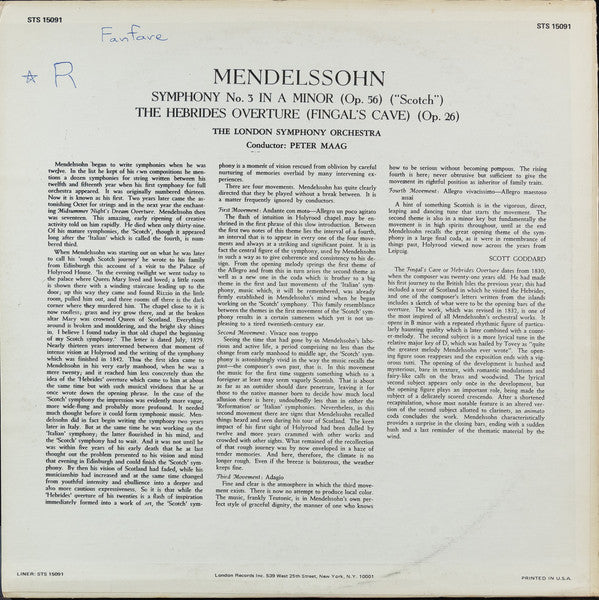 Mendelssohn*, London Symphony Orchestra, Maag* : Symphony No. 3 In A Minor (Op. 56) ("Scotch") / The Hebrides Overture (Fingal's Cave) (Op. 26) (LP, Album, RE, RP)