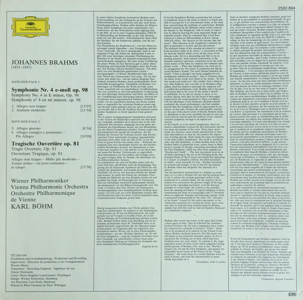 Karl Böhm · Johannes Brahms / Wiener Philharmoniker : Symphonie Nr. 4 / Tragische Ouvertüre · Tragic Overture (LP)