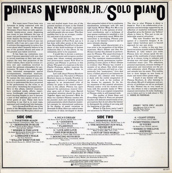 Phineas Newborn, Jr.* : Solo Piano (LP, Album, PR )