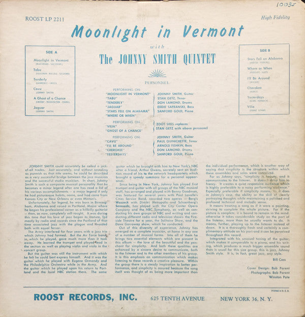 Johnny Smith Quintet Featuring Stan Getz : Moonlight In Vermont (LP, Album, Comp, Mono, RP)