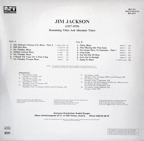 Jim Jackson (2) : (1927-1929) Remaining Titles And Alternate Takes (LP, Comp, Mono, RM)