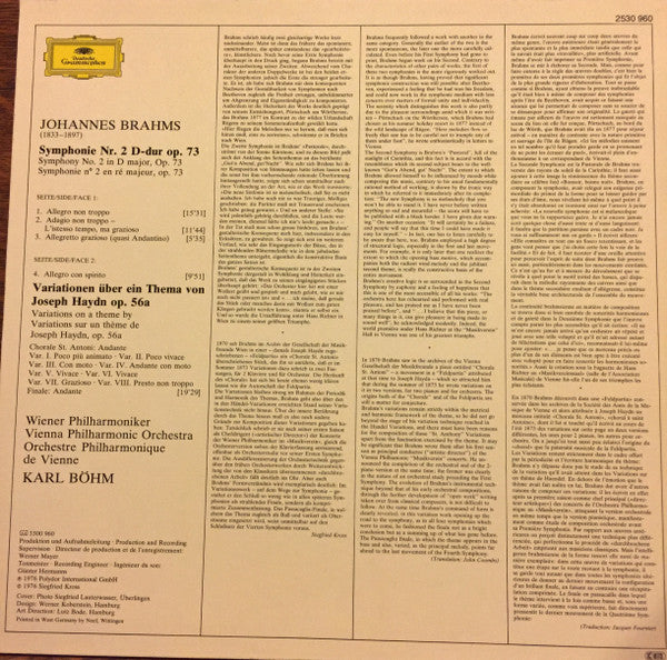 Johannes Brahms, Wiener Philharmoniker · Karl Böhm : Symphonie Nr. 2 / Haydn-Variationen (LP)