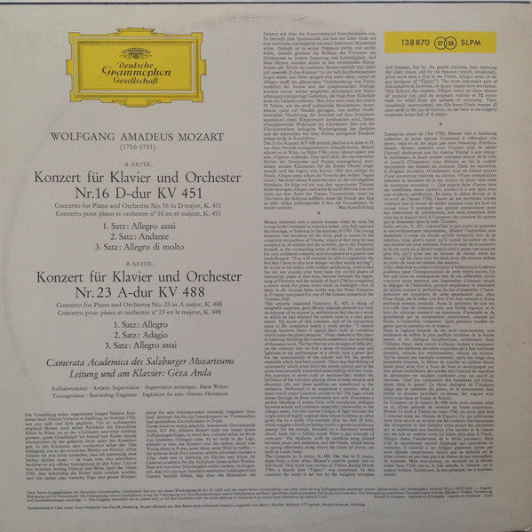 Mozart* - Camerata Academica des Salzburger Mozarteums* , Solist Und Dirigent: Géza Anda : Klavierkonzerte D-Dur KV 451 • A Dur KV 488 = Piano Concertos In D Major And A Major (LP, Red)
