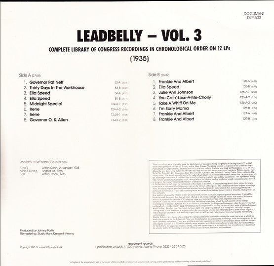 Leadbelly : Vol. 3 1935 (Complete Library Of Congress Recordings In Chronological Order On 12 LPs) (LP, Comp, Mono, Ltd, RM)