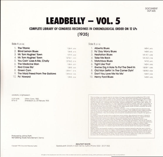 Leadbelly : Vol. 5 1935 (Complete Library Of Congress Recordings In Chronological Order On 12 LPs) (LP, Comp, Mono, Ltd, RM)