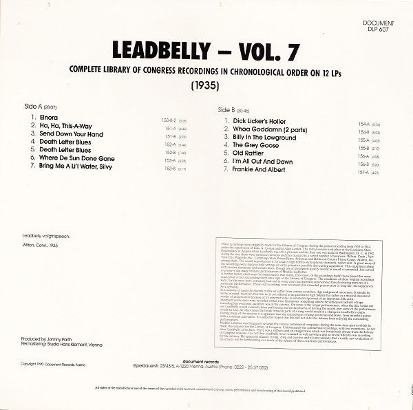 Leadbelly : Vol. 7 1935 (Complete Library Of Congress Recordings In Chronological Order On 12 LPs) (LP, Comp, Mono, Ltd, RM)