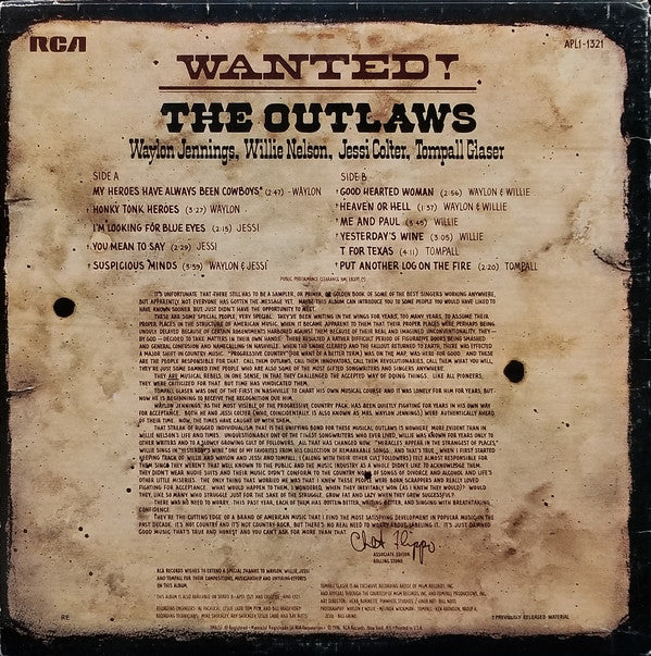 Waylon Jennings, Willie Nelson, Jessi Colter, Tompall Glaser : Wanted! The Outlaws (LP, Album, RE, Ind)