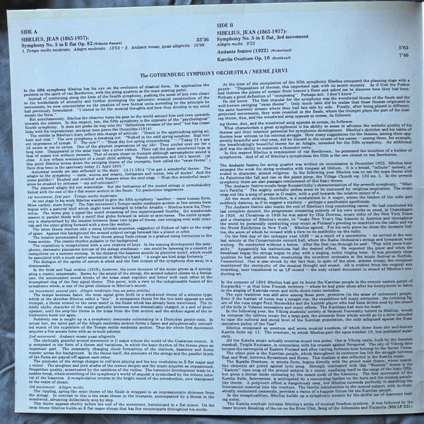 Jean Sibelius, The Gothenburg Symphony Orchestra* / Neeme Järvi : Symphony Nr. 5 In E Flat Op. 82 / Andante Festivo / Karelia-Overture Op. 10 (LP, Album)