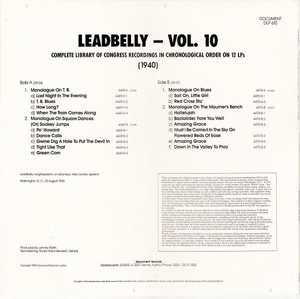 Leadbelly : Vol. 10 1940 (Complete Library Of Congress Recordings In Chronological Order On 12 LPs)  (LP, Comp, Mono, Ltd, RM)