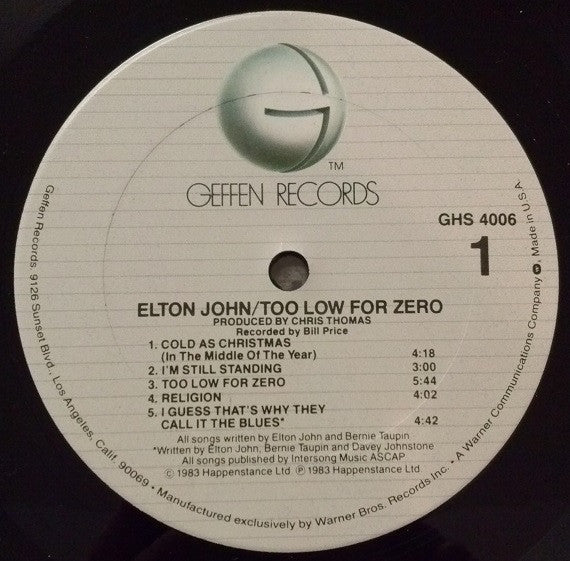 Elton John : Too Low For Zero (LP, Album, Club)
