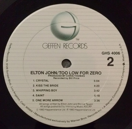 Elton John : Too Low For Zero (LP, Album, Club)
