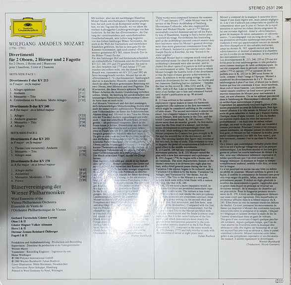 Wolfgang Amadeus Mozart - Bläservereinigung Der Wiener Philharmoniker : Divertimenti (LP)