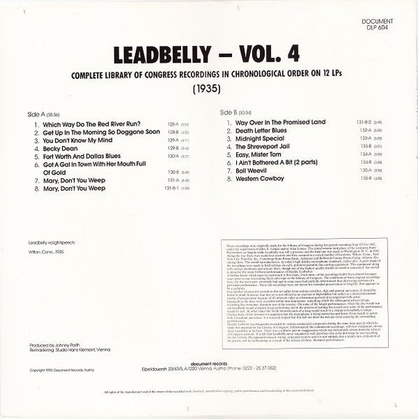 Leadbelly : Vol. 4 1935 (Complete Library Of Congress Recordings In Chronological Order On 12 LPs) (LP, Comp, Mono, Ltd, RM)