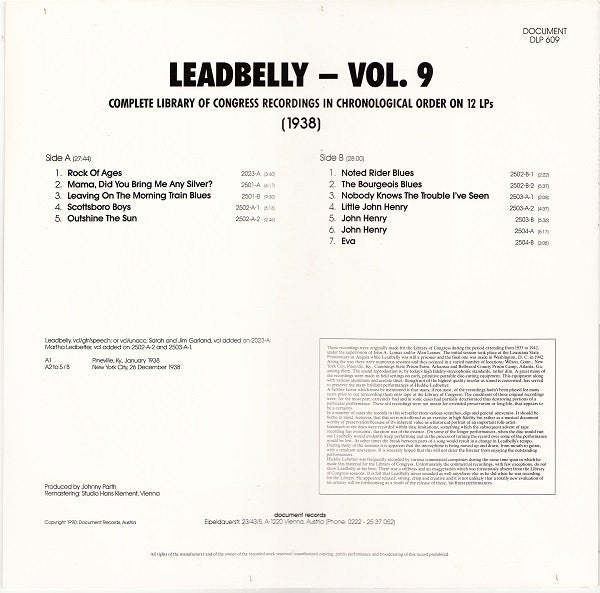 Leadbelly : Vol. 9 1938 (Complete Library Of Congress Recordings In Chronological Order On 12 LPs) (LP, Comp, Mono, Ltd, RM)