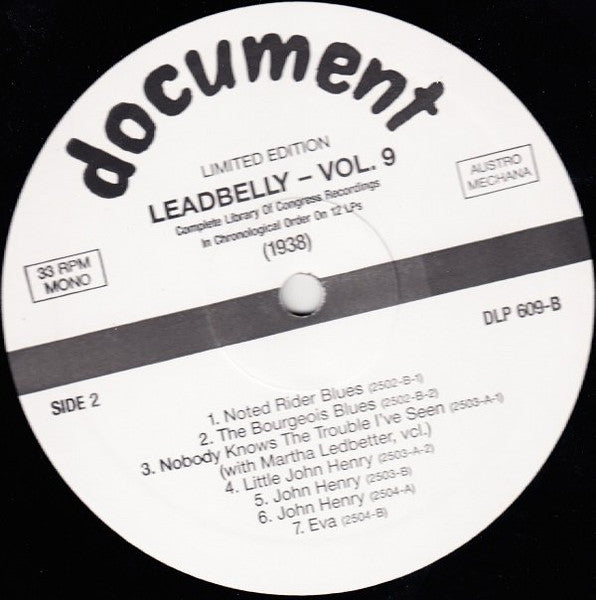 Leadbelly : Vol. 9 1938 (Complete Library Of Congress Recordings In Chronological Order On 12 LPs) (LP, Comp, Mono, Ltd, RM)