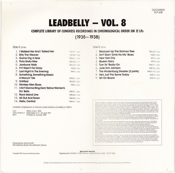 Leadbelly : Vol. 8 1935-1938 (Complete Library Of Congress Recordings In Chronological Order On 12 LPs) (LP, Comp, Mono, Ltd, RM)