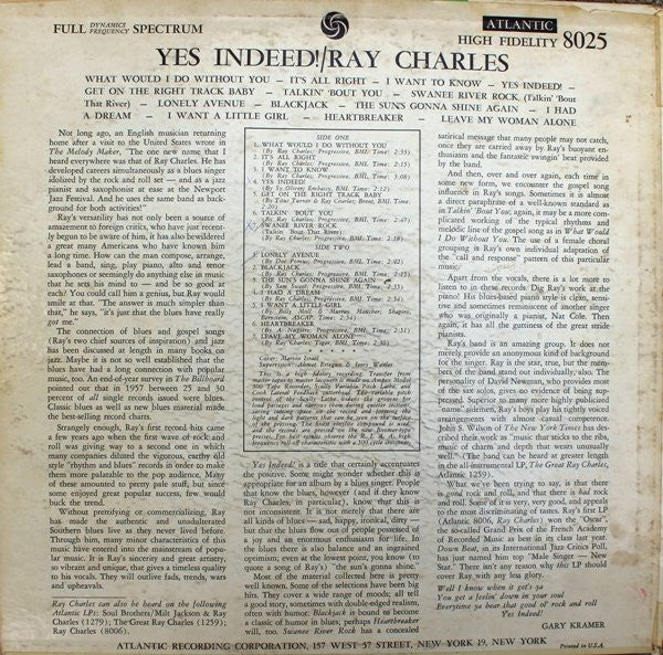 Ray Charles : Yes Indeed! (LP, Album, Mono, RP)