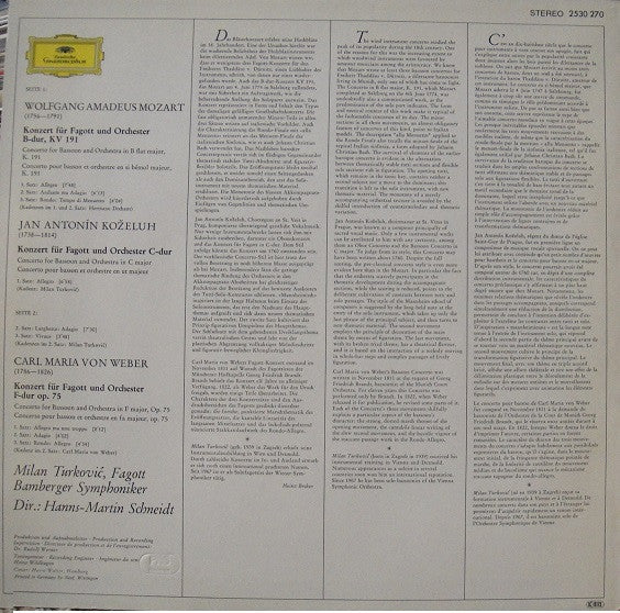 Wolfgang Amadeus Mozart • Jan Antonin Kozeluch • Carl Maria von Weber - Milan Turkovic • Bamberger Symphoniker • Hanns-Martin Schneidt : Fagottkonzerte • Bassoon Concertos (LP, Album, RE)
