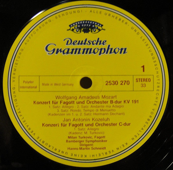 Wolfgang Amadeus Mozart • Jan Antonin Kozeluch • Carl Maria von Weber - Milan Turkovic • Bamberger Symphoniker • Hanns-Martin Schneidt : Fagottkonzerte • Bassoon Concertos (LP, Album, RE)