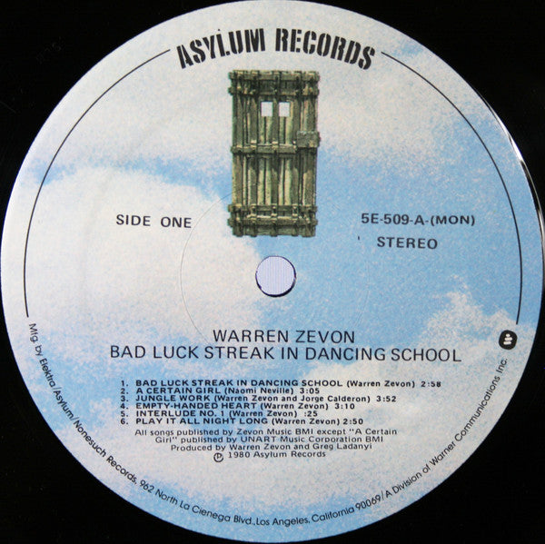 Warren Zevon : Bad Luck Streak In Dancing School (LP, Album, MON)