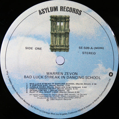 Warren Zevon : Bad Luck Streak In Dancing School (LP, Album, MON)