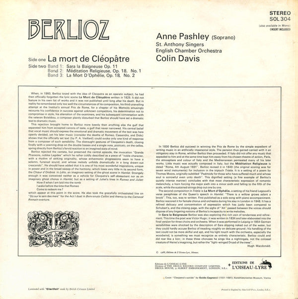 Berlioz* / Anne Pashley, St. Anthony Singers, English Chamber Orchestra, Colin Davis* : Berlioz: La Mort De Cléopâtre/Three Choruses (LP, Album)