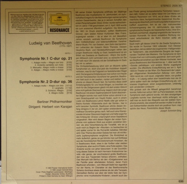 Beethoven*, Berliner Philharmoniker, Herbert von Karajan : Symphonien Nr・1 & 2 (LP, RE)