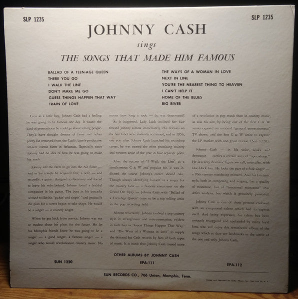Johnny Cash : Sings The Songs That Made Him Famous (LP, Album, Mono)
