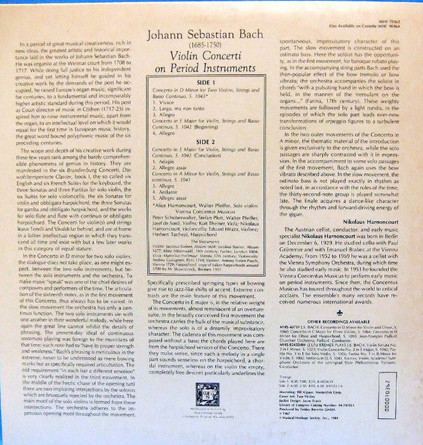 Johann Sebastian Bach - Nikolaus Harnoncourt, Vienna Concentus Musicus* : Violin Concerti On Period Instruments (LP)