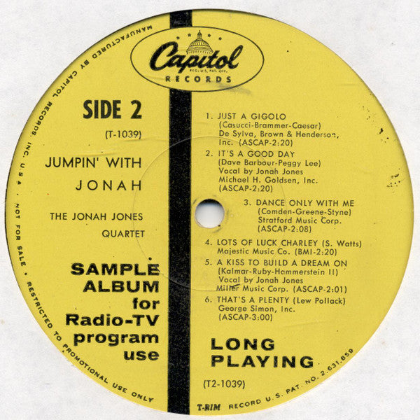 The Jonah Jones Quartet : Jumpin' With Jonah (LP, Album, Mono, Promo)