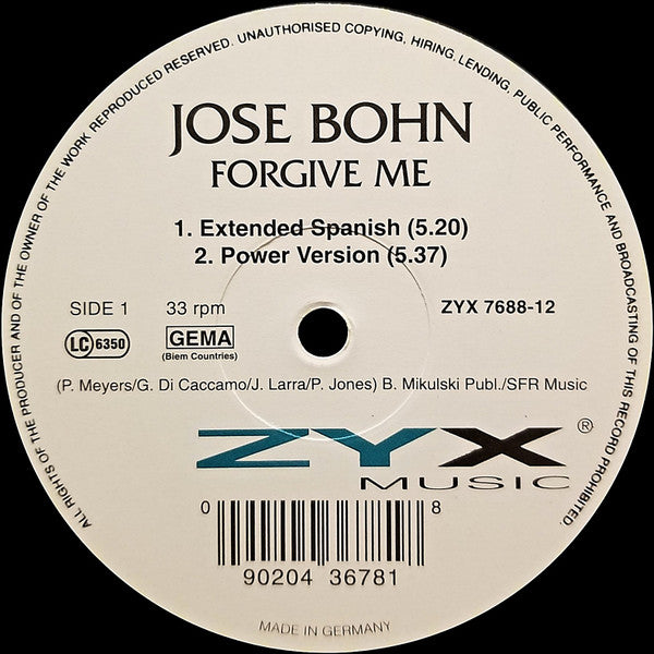 Jose Bohn : Forgive Me (12")