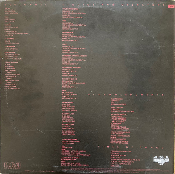David Bowie : Young Americans (LP, Album, No )