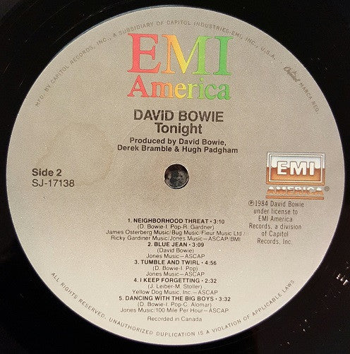 David Bowie : Tonight (LP, Album, Win)