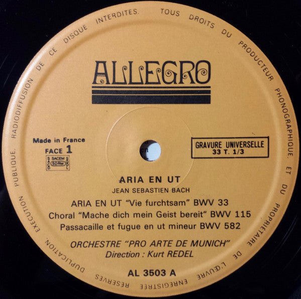 Johann Sebastian Bach, Kurt Redel, Orchestre Pro Arte De Munich : Aria En Ut (LP)