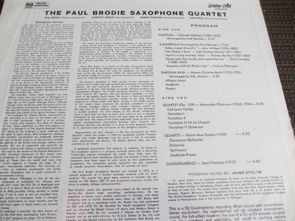 Paul Brodie Saxophone Quartet : Paul Brodie Saxophone Quartet (LP, Album, Quad)