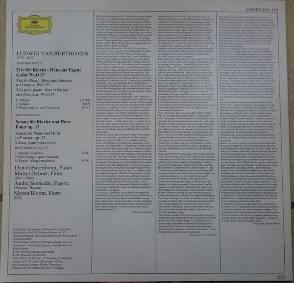 Ludwig van Beethoven · Daniel Barenboim · Myron Bloom, Michel Debost, André Sennedat : Sonate Für Klavier Und Horn / Trio Für Klavier, Flöte Und Fagott (LP)