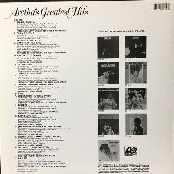 Aretha Franklin : Aretha's Greatest Hits (LP, Comp, RE)